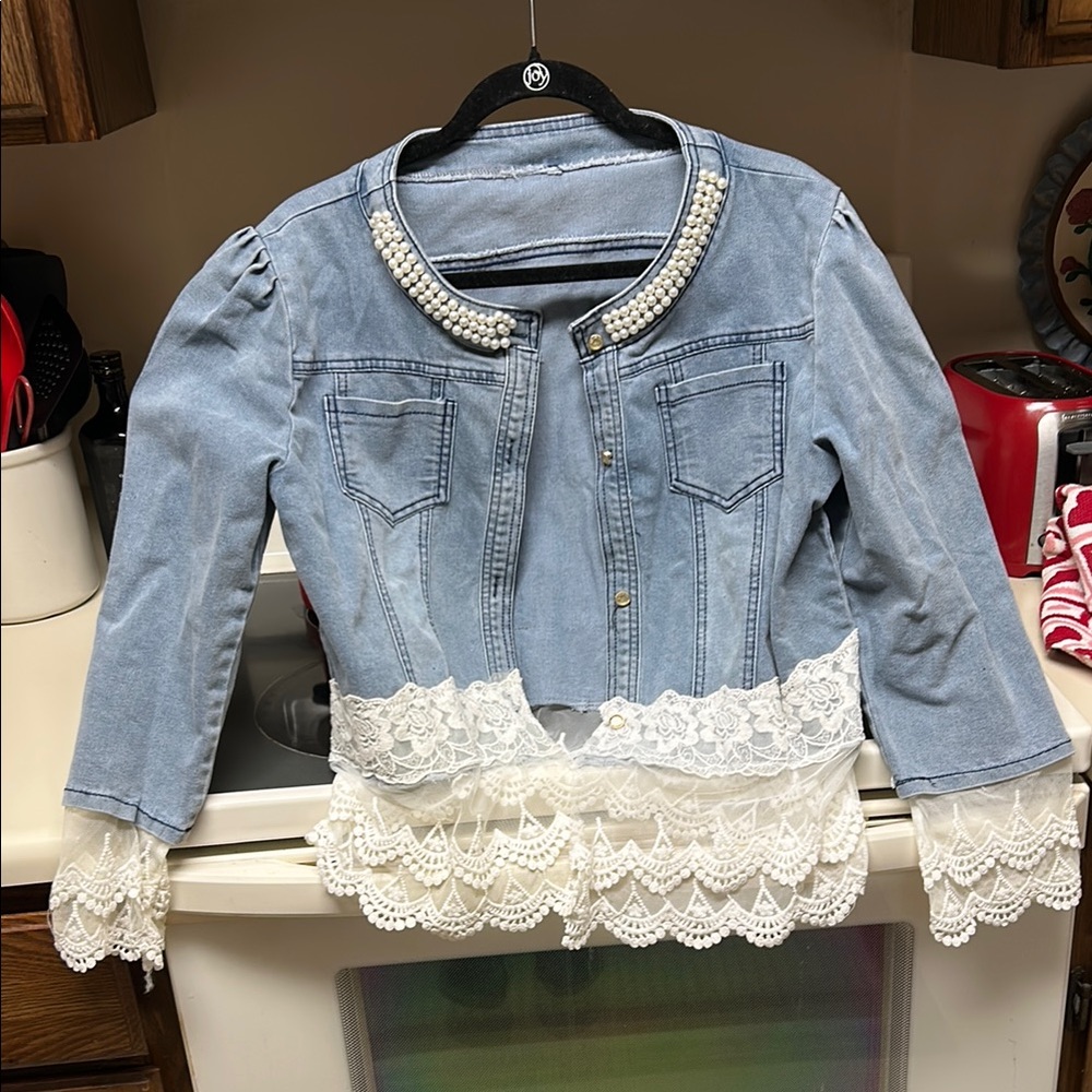 Denim Jacket with Lace Trim